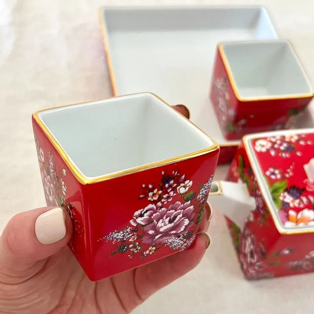 Square-shaped Taiwanese Red Hakka Floral Design 4pc Porcelain Tea Set NEW/UNUSED